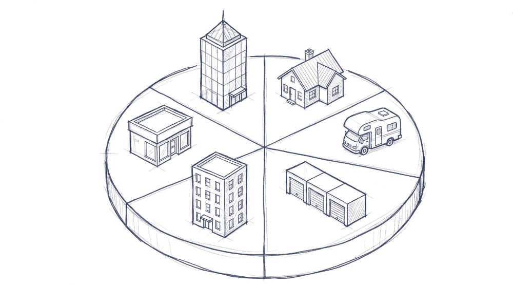 Illustration of a wheel divided into five commercial real estate sectors: office, residential, retail, industrial, and alternatives